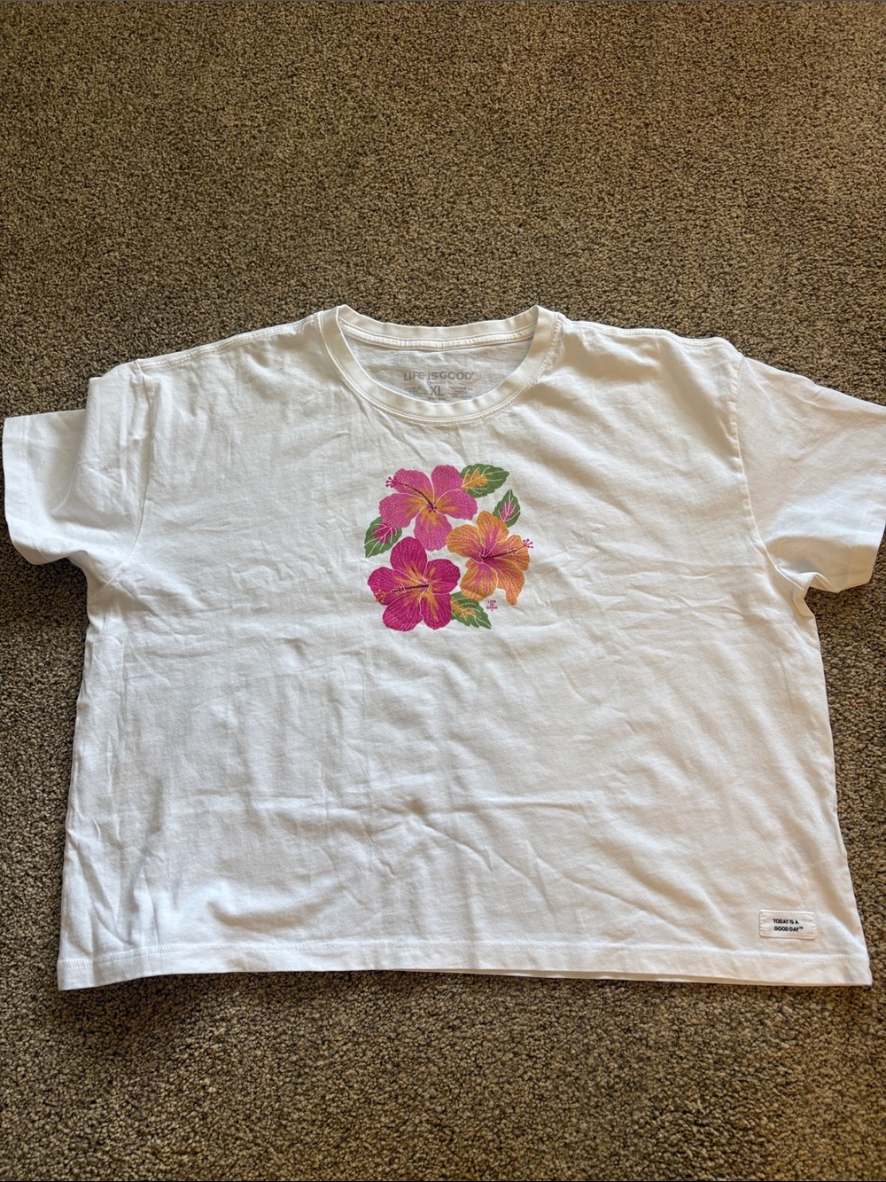 Life Is Good White Kids Tee with Pink & Orange Floral Cluster